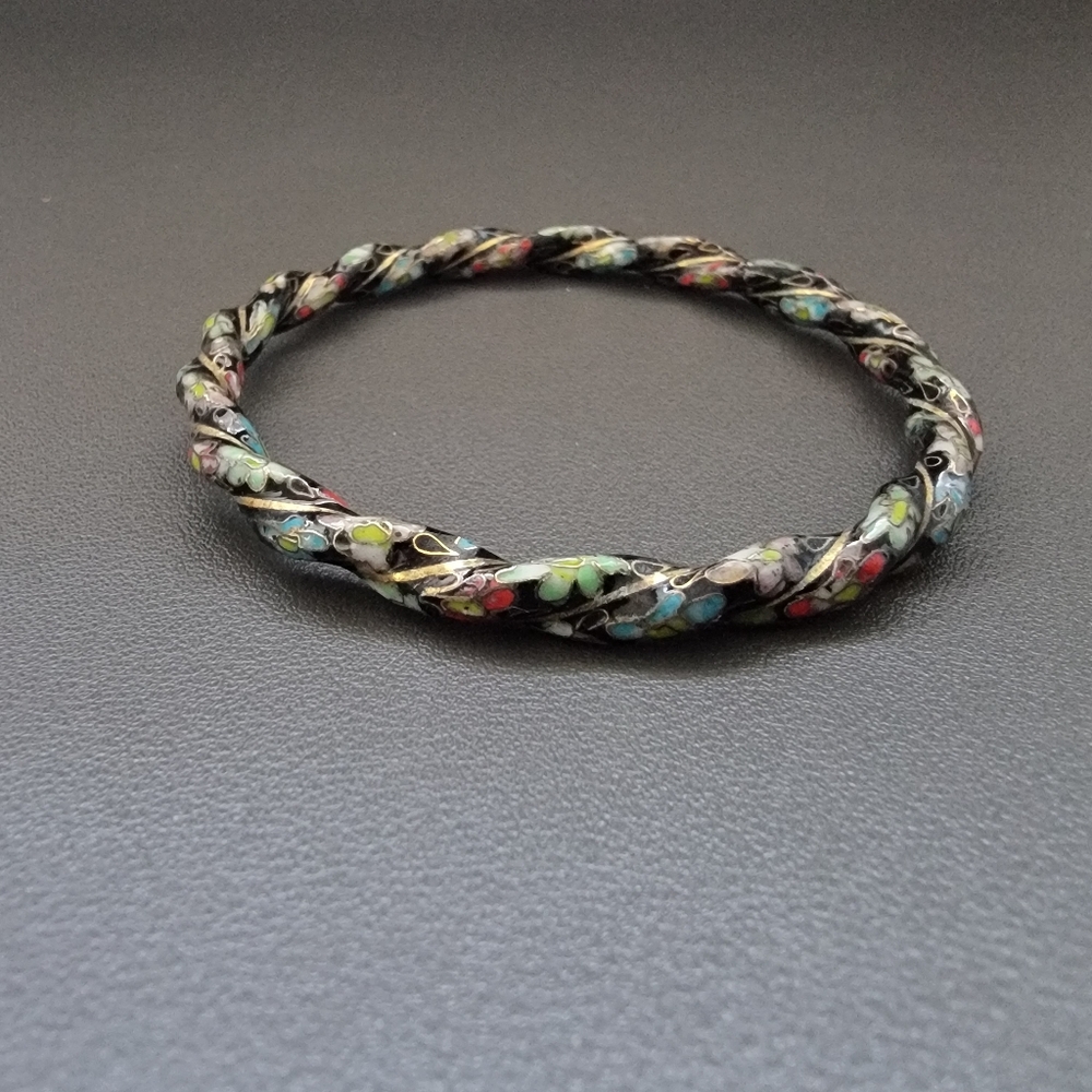Vintage Twisted Cloisonné Enamel Bangle – Floral Black Gold Stack - Picture 3 of 7